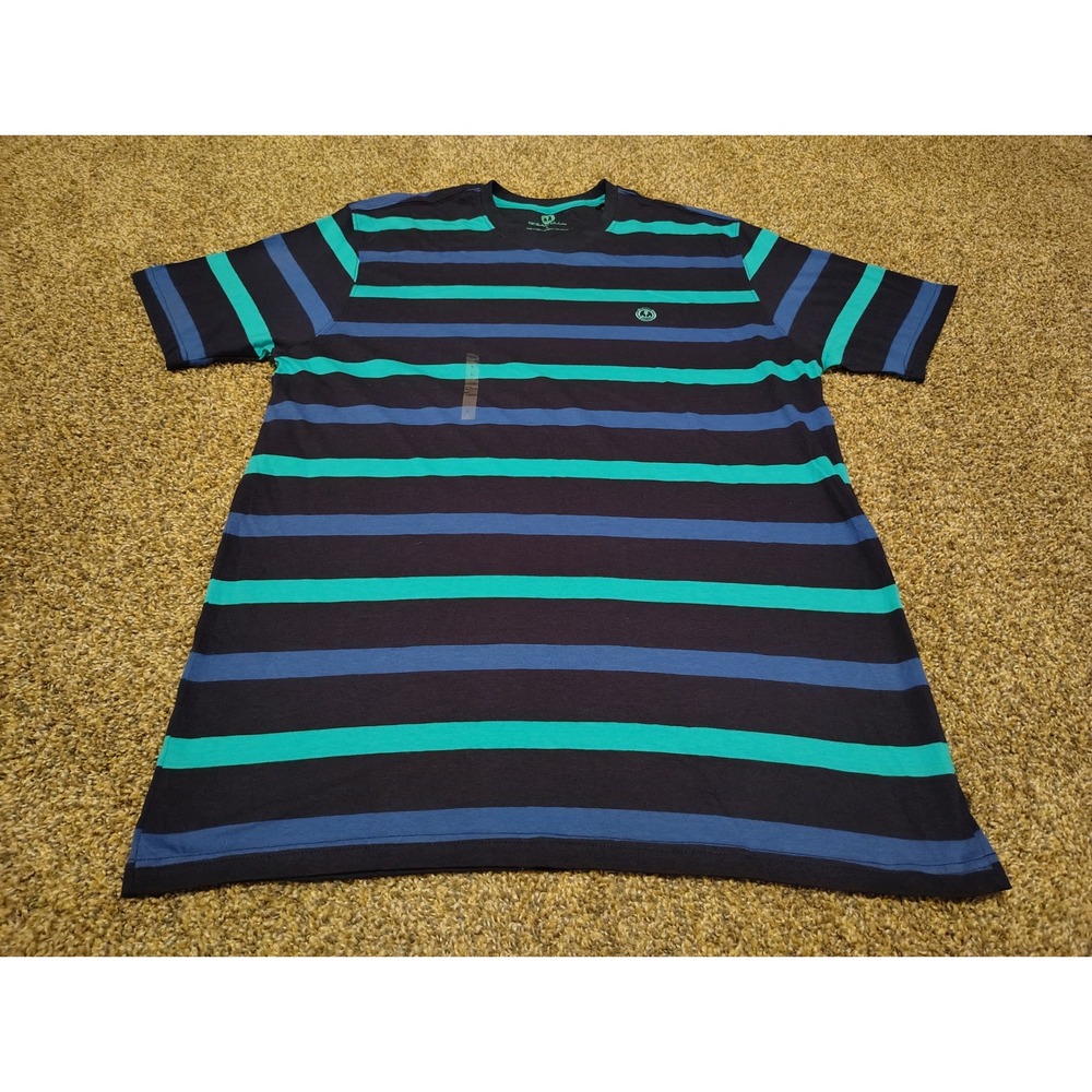 Ocean Club Mens Large Striped T-Shirt Navy Blue Teal 100% Cotton Anchor Logo